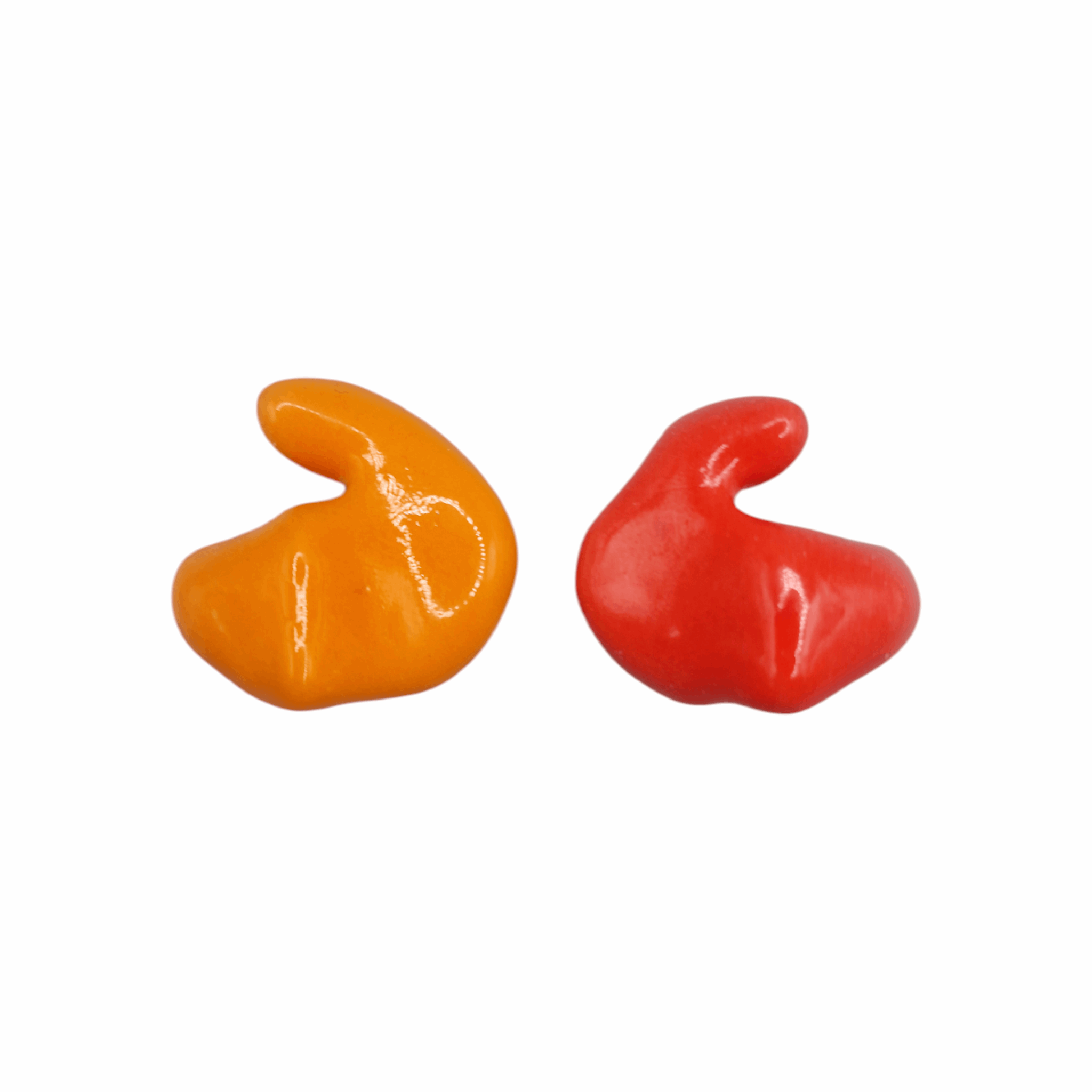 AquaShields Custom Moulded Surfing Earplugs—one orange, one red—rest side by side on a white background, designed for reliable ear protection while surfing or during other loud activities.