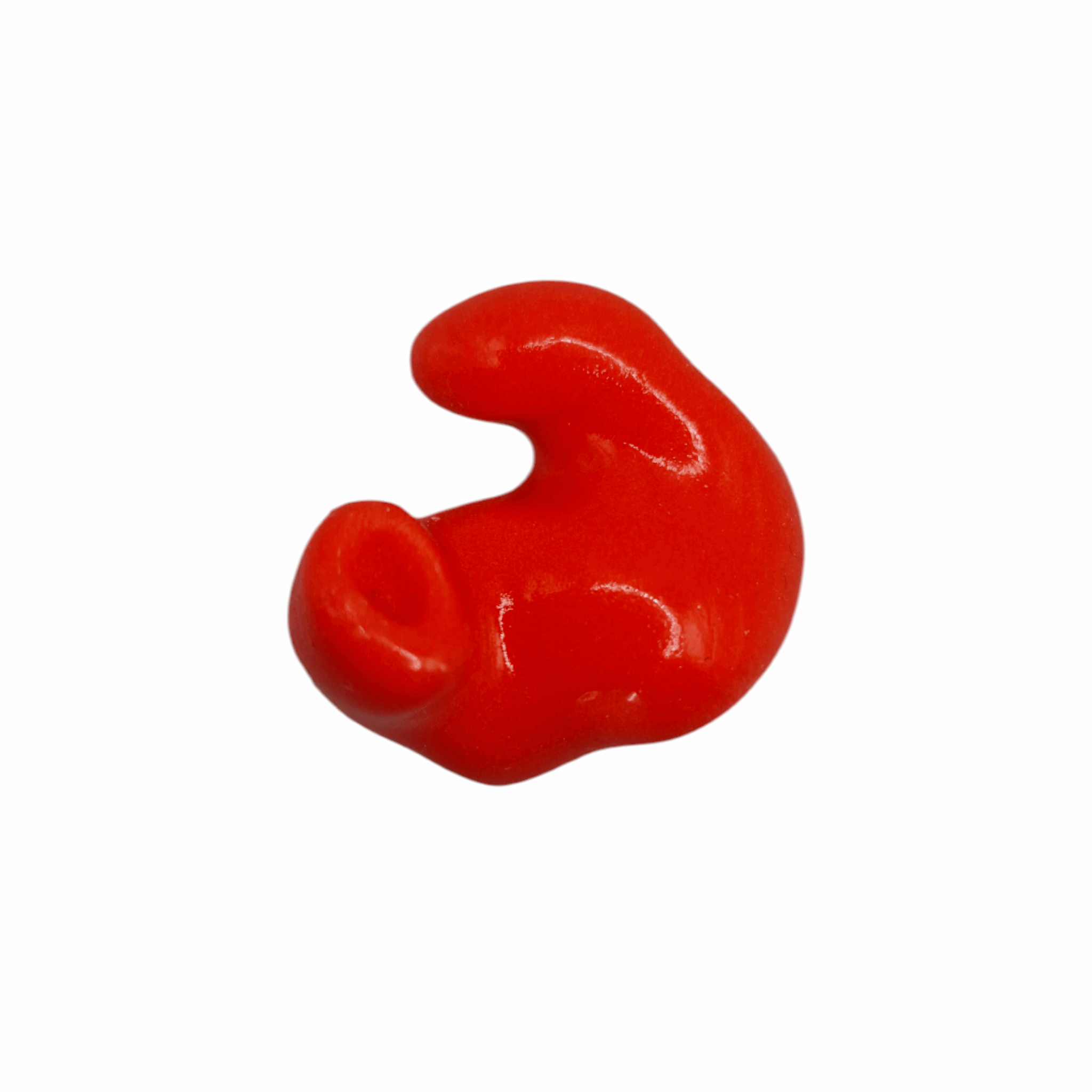 The AquaShields earplug by AquaShields is a small, shiny red earplug made of medical-grade silicone with a curved, ergonomic shape, shown isolated on a white background.