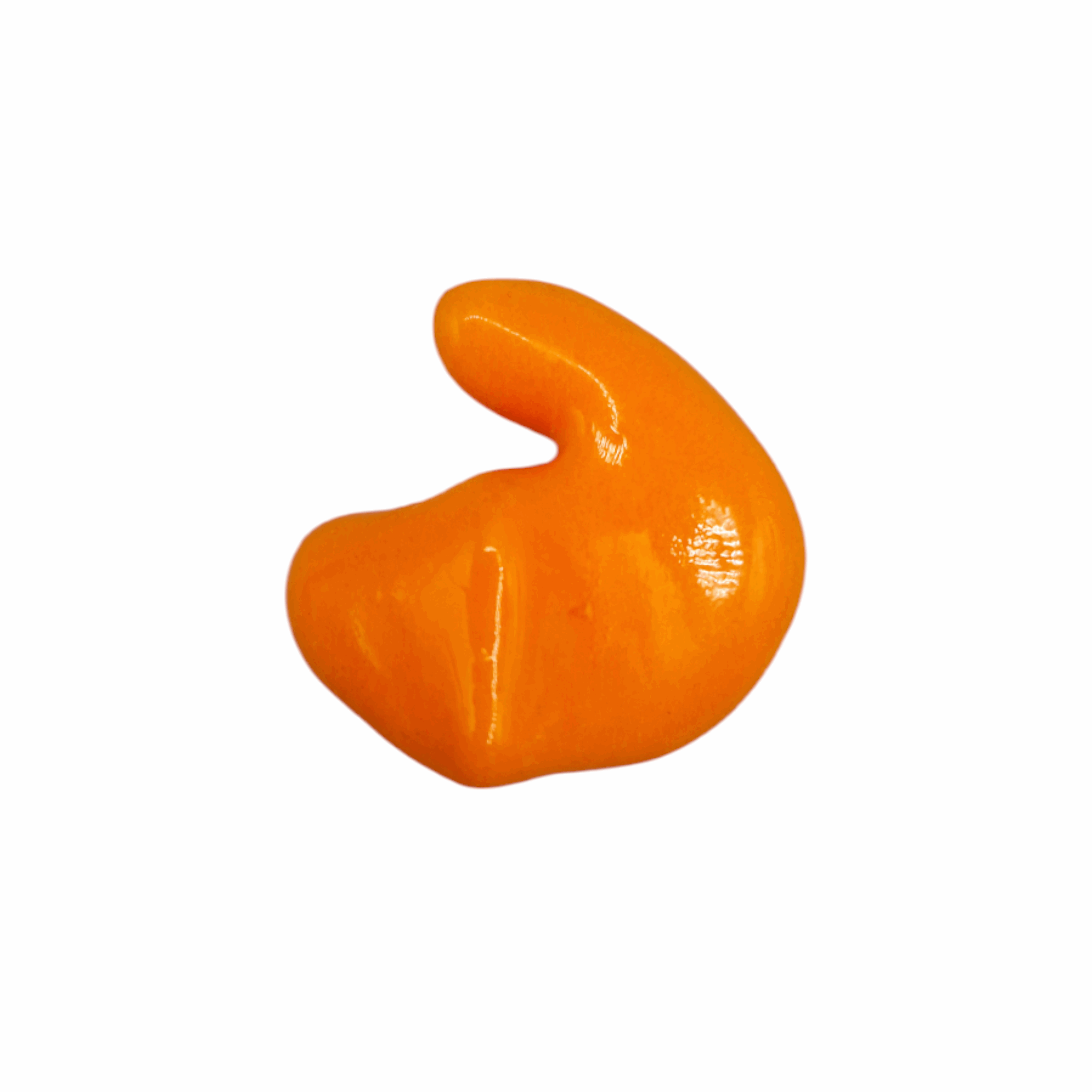 A single bright orange AquaShields Custom Moulded Surfing Earplug, smooth, shiny, and irregularly shaped like a blob of clay, sits alone on a plain white background.