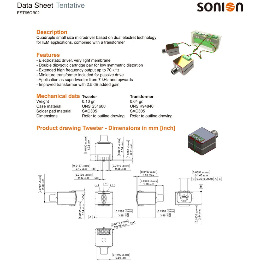 2pcs Sonion Electrostatic Driver EST65QB02 Quadruple Microdriver Super Tweeter Double Dizygotic Cartridge Pair