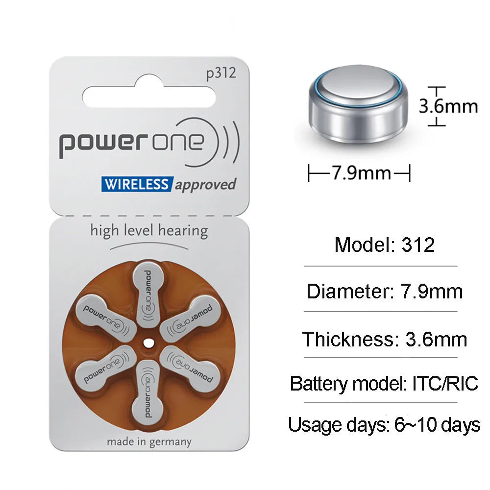 60 PCS Powerone Zinc Air Hearing Aid Batteries for ITC CIC 312 312A A312 PR41 Hearing Aid Battery