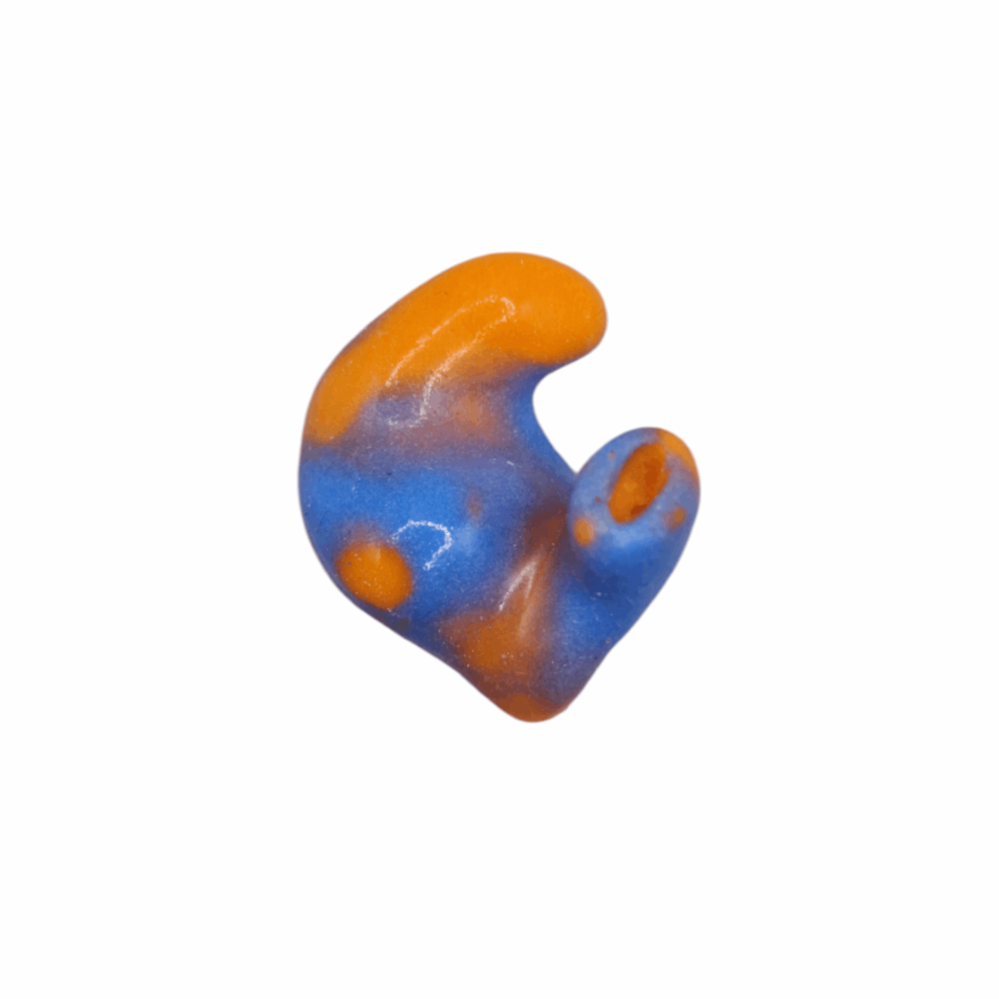 AquaShields Custom Moulded Surfing Earplugs in bright orange and blue feature a unique curved shape for superior ear protection, making them ideal for surfers. Shown isolated on a white background.