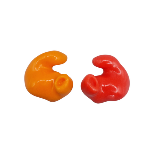 A pair of AquaShields Junior ear plugs by My Store, one orange and one red, custom-moulded for a unique fit. Displayed on a white background, they are ideal for protecting young surfers’ ears.